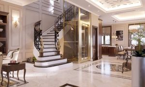 Cabin thang máy nhỏ được ốp inox gương vàng PVD